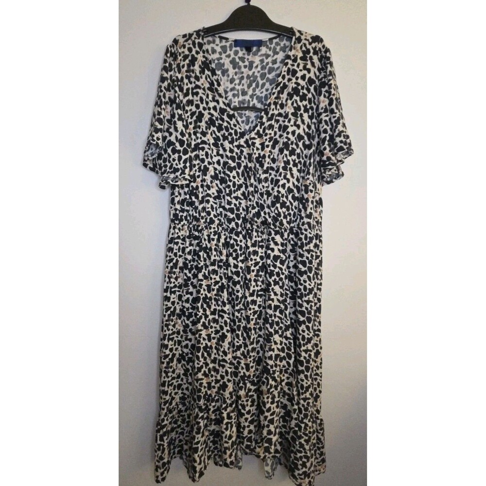 Rachel Roy Leopard Faux Wrap Dress 1X PLUS Ruffle Hem Flutter Sleeve Classic Fun
